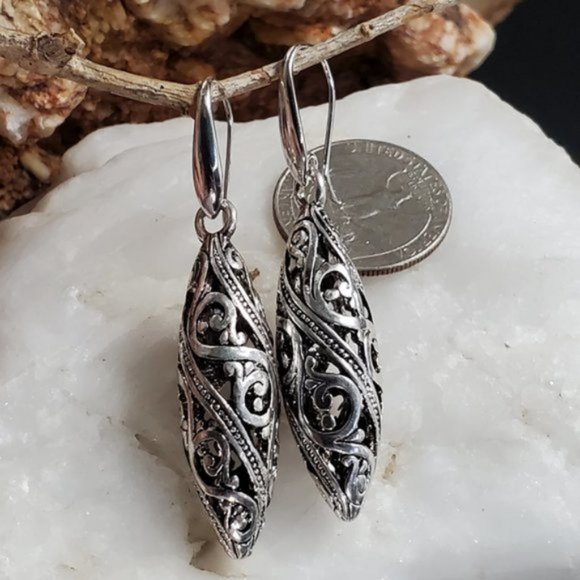 Free People Jewelry Silver Earrings Floral Filigree Bullet Pendan Boho - Picture 4 of 8